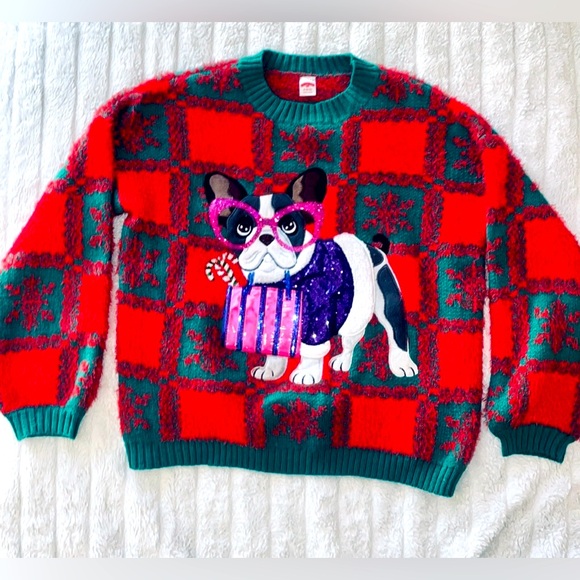 Holiday Time Sweaters - Holiday Time dog dressed up in sequins ugly Christmas sweater size M(8-10)